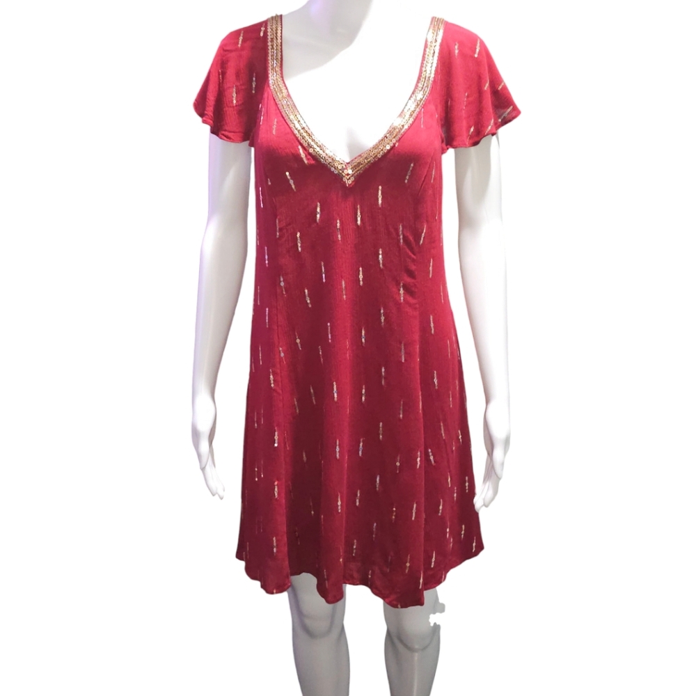 Altar'd State Burgundy, Maroon Gold Sequin V-neck Flutter Sleeve Size Meduim